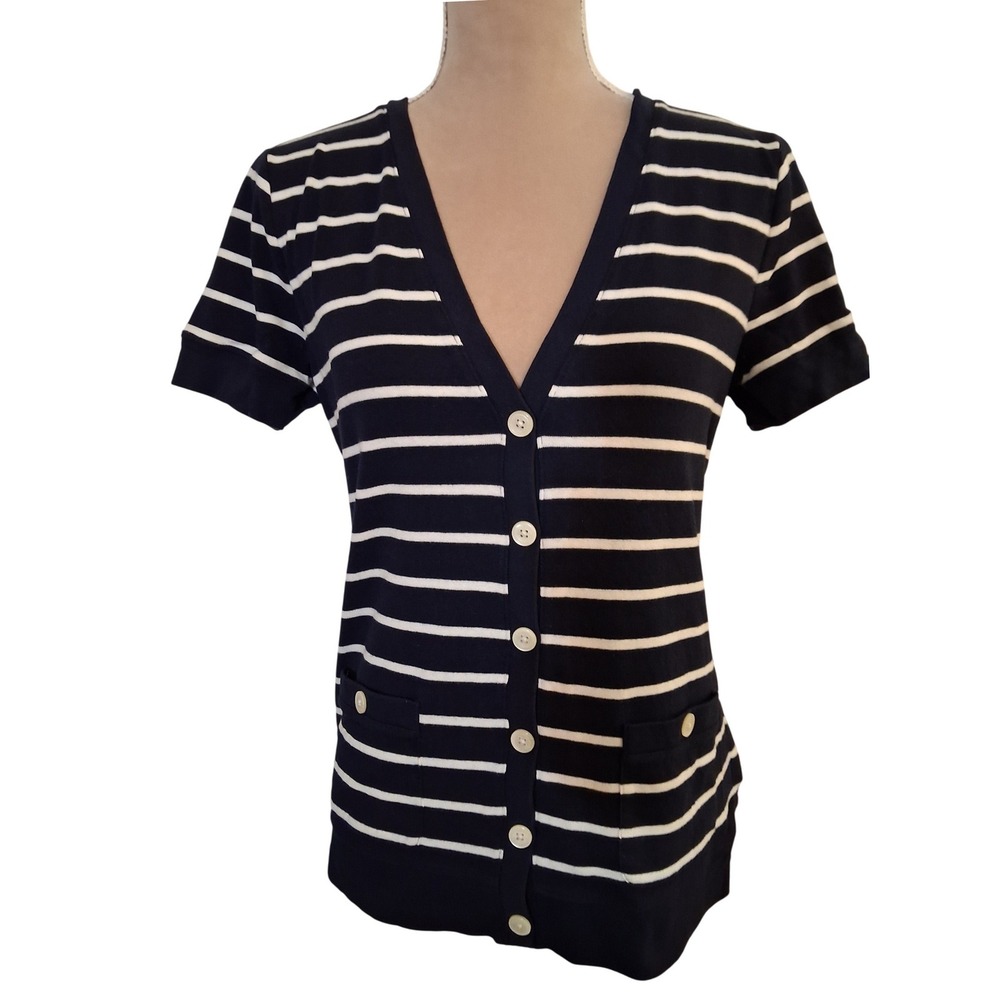 Chaps Classics Womens Navy Blue White Striped Short Sleeve Cardigan Sweater M